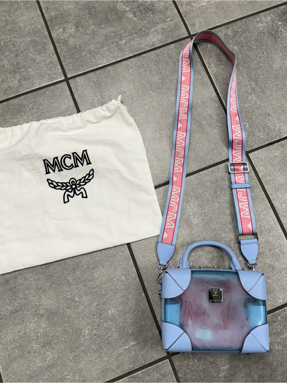 MCM Berlin Transparent Crossbody Bag Sky Blue & Pink Women’s